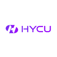 Bildet viser logoen til HYCU, et selskap som spesialiserer seg på moderne IT-løsninger og databeskyttelse. Logoen har en lilla stilisert "H" innelukket i en oval form til venstre, med "HYCU" skrevet med store, dristige, store lilla bokstaver til høyre. Bakgrunnen er hvit.