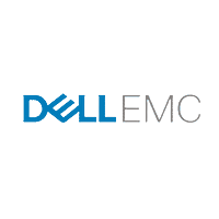 Bildet viser Dell EMC-logoen, som symboliserer deres forpliktelse til digital transformasjon. Ordet "DELL" er skrevet med dristige blå store bokstaver, med den karakteristiske stiliserte "E". Bokstavene "EMC" er i grå, slank og store bokstaver til høyre for "DELL". Bakgrunnen er hvit.