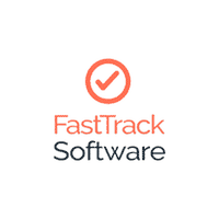 Et uskarpt bilde av en logo med en oransje hake i en oransje sirkel over firmanavnet "FastTrack Software", med "FastTrack" i oransje tekst og "Software" i svart tekst. Bakgrunnen er en lys beige farge, som understreker deres fokus på moderne IT-løsninger.