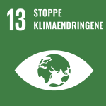 Et grønt firkantikon som representerer det 13. Sustainable Development Goal (SDG), som fokuserer på klimatiltak. Den har et hvitt øye med en globus inni, som symboliserer global bevissthet. Teksten over lyder «13 Stoppe Klimaendringene», som understreker behovet for moderne IT-løsninger for å bekjempe klimaendringer.