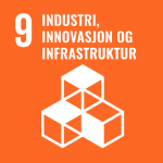 Fet hvit tekst på oransje bakgrunn lyder "9 Industri, Innovasjon og Infrastruktur." Under teksten er en hvit grafikk av tre sammenkoblede kuber, som symboliserer bærekraftig infrastruktur og innovasjon med fokus på Moderne IT-løsninger som en del av FNs bærekraftsmål.