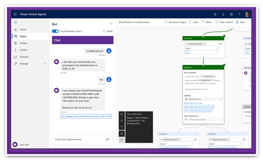 Et skjermbilde av Microsoft Power Virtual Agents-grensesnittet. Skjermen viser en bot-samtale til venstre med alternativer og brukerinndata, mens høyre side viser et flytskjema for administrasjon av bot-svar. Alternativer for å redigere, publisere og teste boten er synlige, noe som bidrar til digital transformasjon gjennom moderne IT-løsninger.