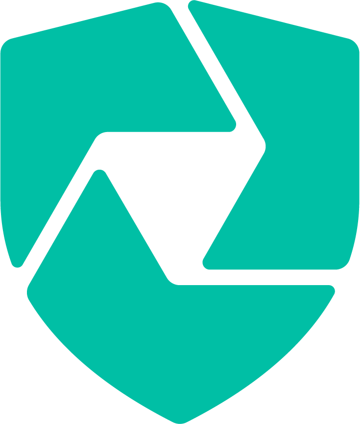 En blågrønn geometrisk logo med tre sammenlåsende former som danner et stilisert skjold med et vindmølle- eller kameralukkerlignende design i midten. Det generelle utseendet er moderne og symmetrisk. Det er ingen tekst.