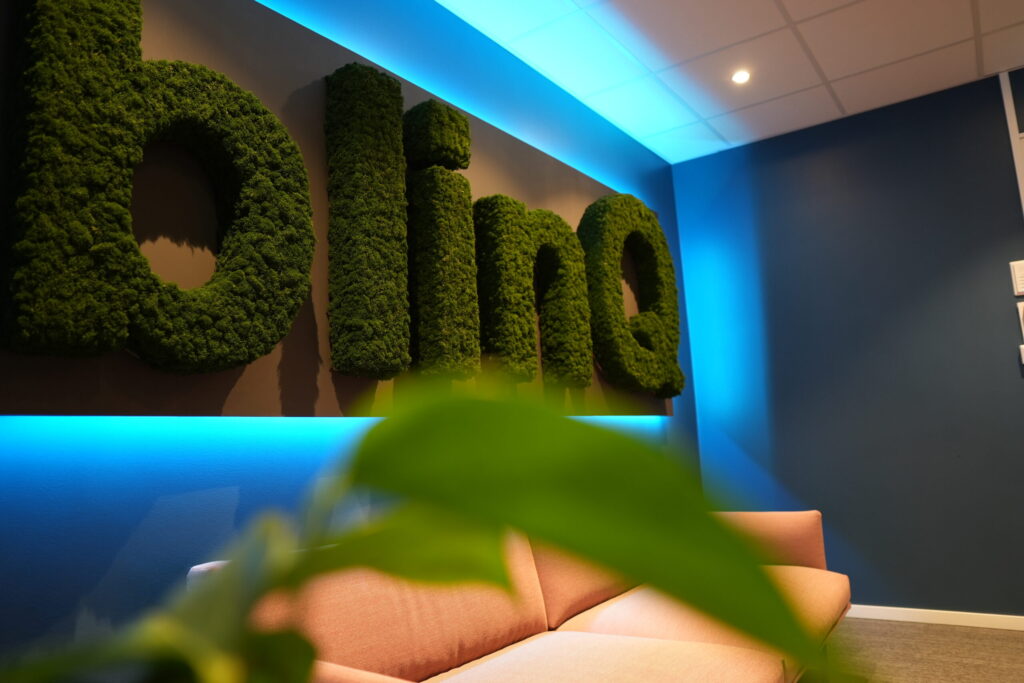 Store grønne mosebokstaver som staver «blinq» er montert på en mørk vegg med blå LED-bakgrunnsbelysning. En ferskenfarget sofa står under, og en grønn plante er delvis synlig i forgrunnen. Rommet har en moderne og avslappet atmosfære.