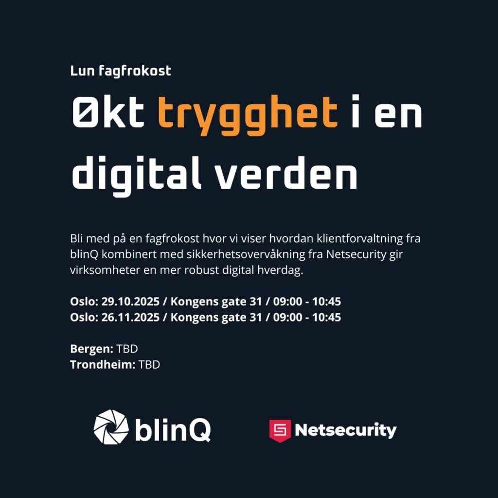 En digital flyer med mørk bakgrunn reklamerer for et frokostseminar med tittelen "Økt trygghet i en digital verden". Den beskriver datoer (oktober og november 2025) og steder (Oslo, Bergen, Trondheim), og har blinQ- og Netsecurity-logoer nederst.