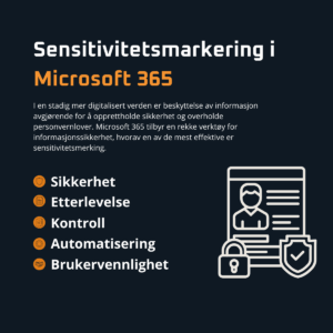 En norsk infografikk med tittelen "Sensitivitetsmarkering i Microsoft 365" fremhever fordeler som sensitivitetsmerking, sikkerhet, samsvar, kontroll, automatisering og brukervennlighet ved siden av et dokumentikon. Teksten forklarer viktigheten av informasjonssikkerhet.