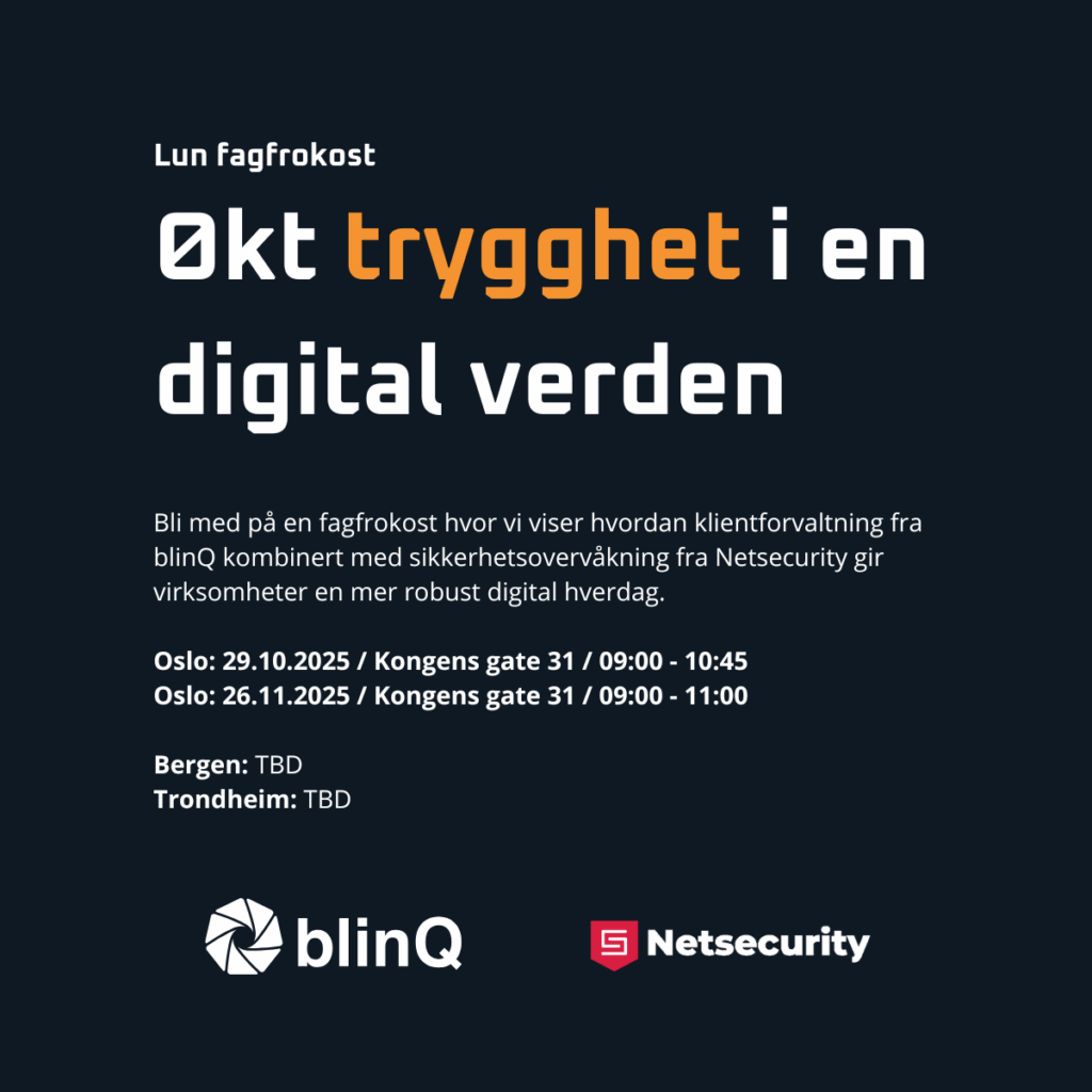 Mørkeblå grafikk med hvit og oransje tekst som reklamerer for et frokostseminar om digital sikkerhet. Den nevner datoer, klokkeslett og steder i Oslo, Bergen og Trondheim. Logoer for blinQ og Netsecurity vises nederst.