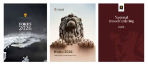 Tre norske sikkerhetsrapporter for 2026: til venstre et iskaldt landskap i nord med "Fokus 2026", i midten en løvestatue i stein med "Risiko 2026", og til høyre "Trusselbildet 2026" på et rødbrunt omslag med et prikkete kart.